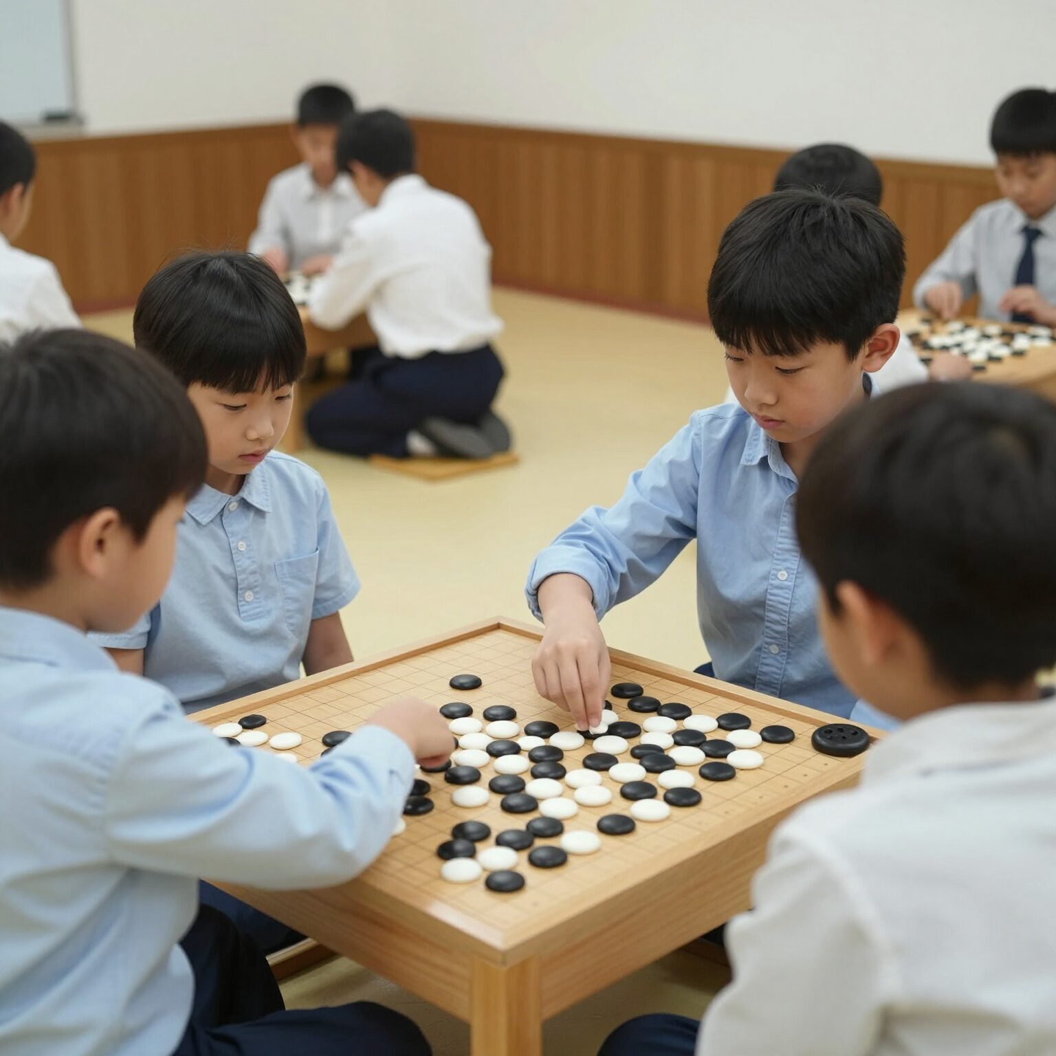 초중 바둑교실에서 아이들이 바둑판을 보며 집중하는 모습