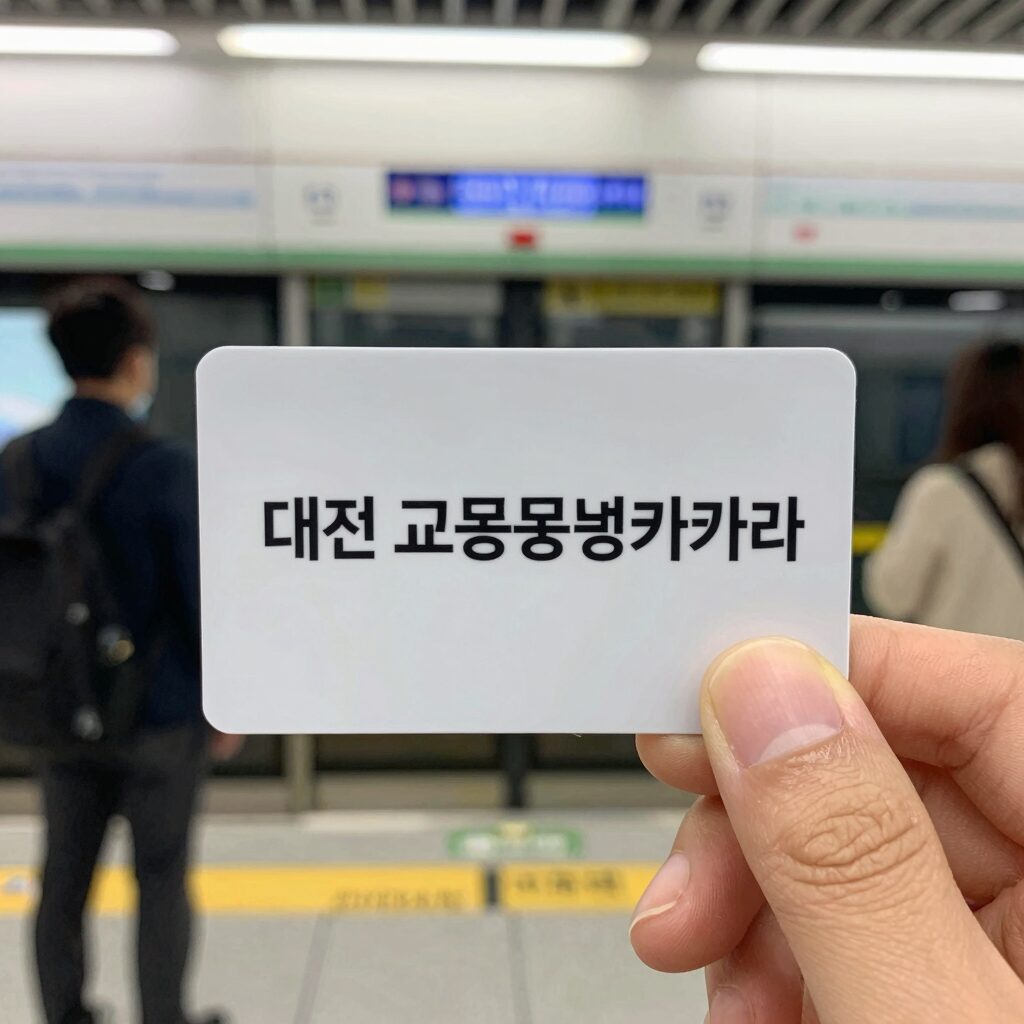 대전 교통복지카드를 손에 들고 있는 모습, 지하철 역 배경