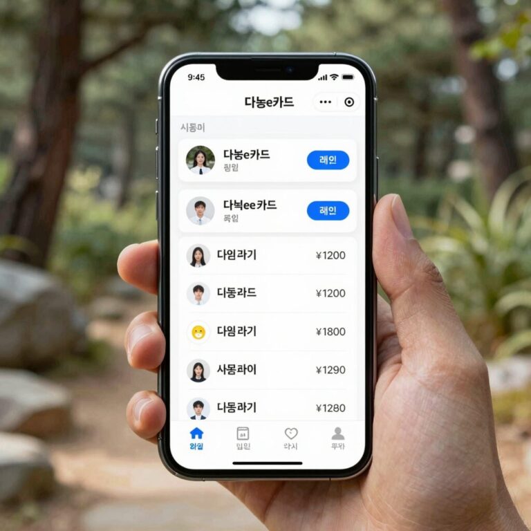 동해 다둥e카드 모바일 앱 화면에 표시된 사용자 정보와 할인 가능 목록