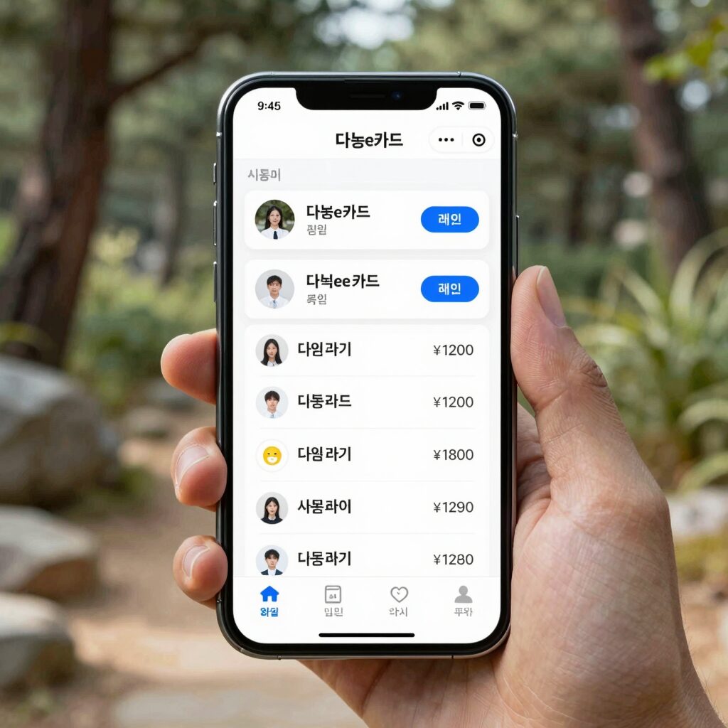 동해 다둥e카드 모바일 앱 화면에 표시된 사용자 정보와 할인 가능 목록