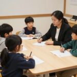 어린이들이 외국어 체험 학습을 하며 원어민 선생님과 대화하는 모습