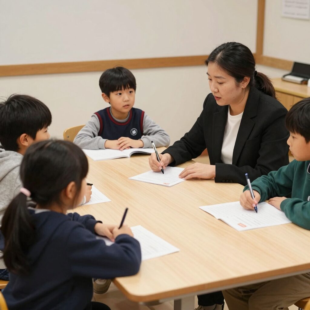 어린이들이 외국어 체험 학습을 하며 원어민 선생님과 대화하는 모습