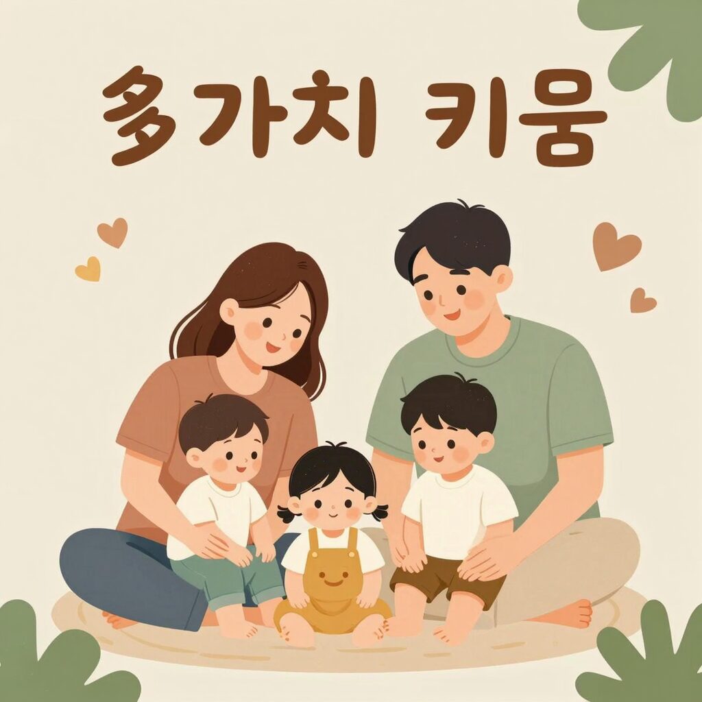 남양주 다둥이 多가치 키움 서비스 포스터로 네 명의 아이와 부모가 행복해하는 일러스트
