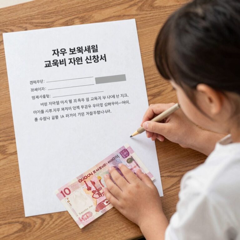 셋째아 이후 자녀 보육시설 교육비 지원 신청서와 현금 이미지