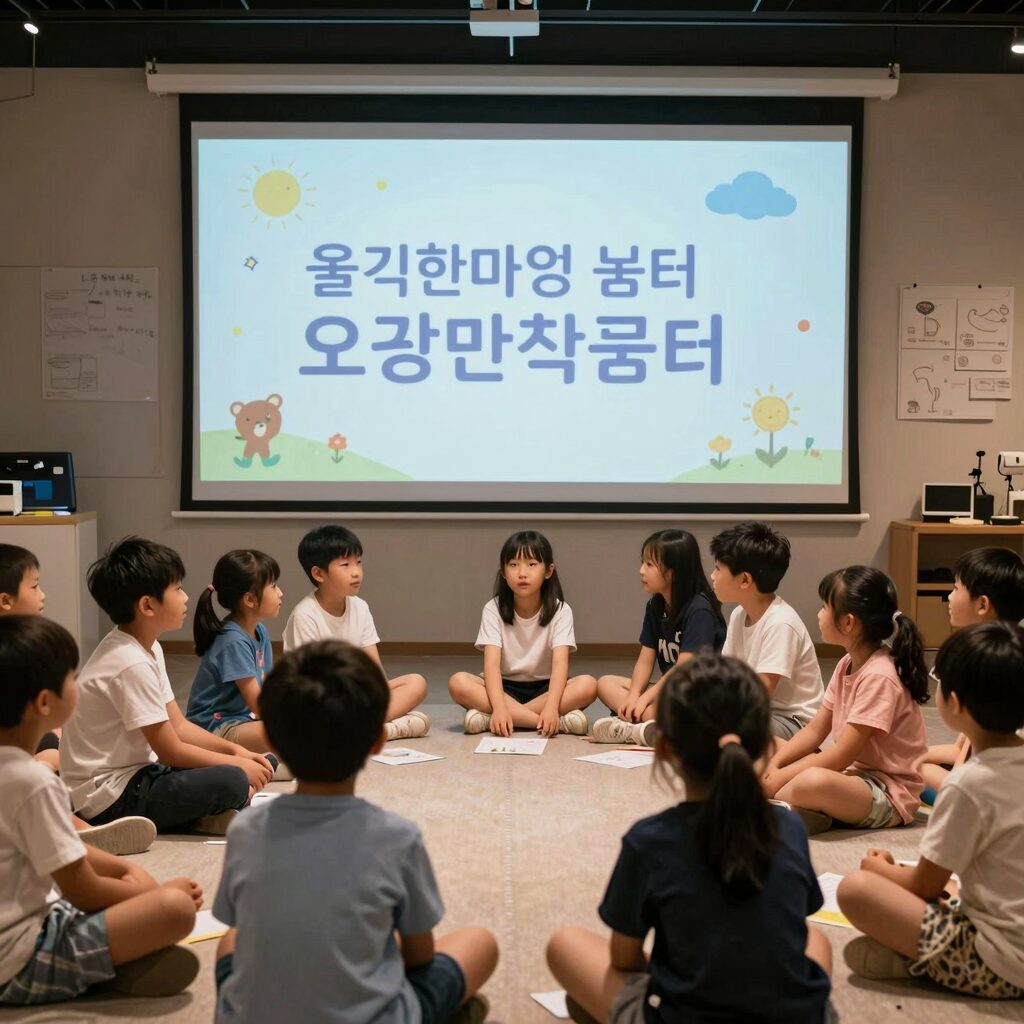 울릉한마음꿈터 내부에서 아이들이 오감만족프로그램에 참여하며 즐거워하는 모습