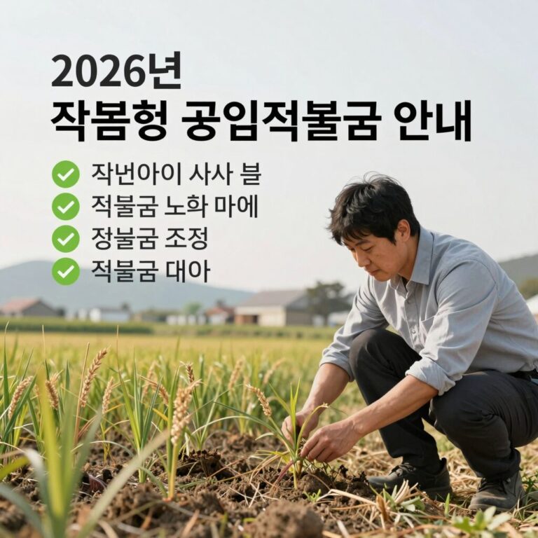 2026년 기본형 공익직불금 안내 이미지, 농업인이 농사를 짓는 모습과 함께 직불금 조건 요약