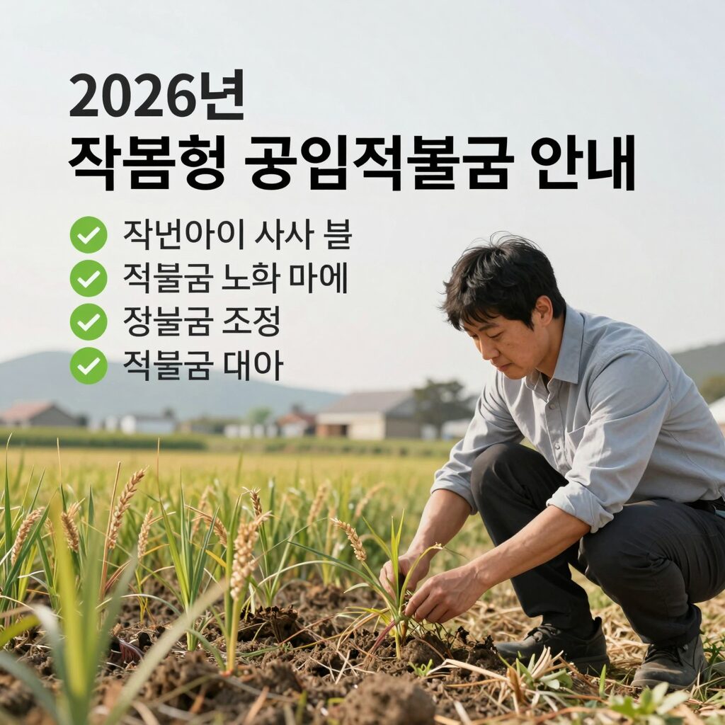 2026년 기본형 공익직불금 안내 이미지, 농업인이 농사를 짓는 모습과 함께 직불금 조건 요약
