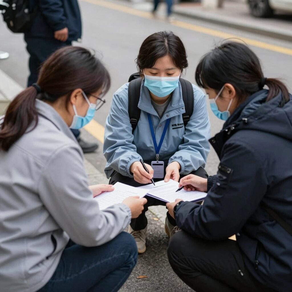행려자 지원 서비스 현장 사진, 거리에서 도움을 기다리는 사람과 상담하는 복지사