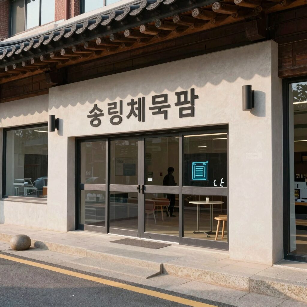 송림체육관 건물 외관과 감면 혜택 안내문