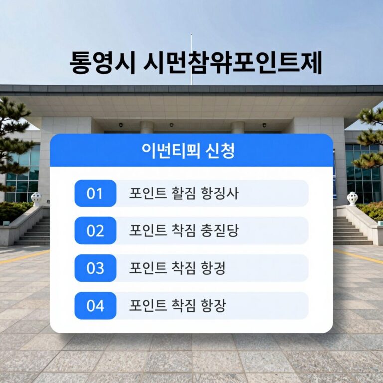 통영시 시민참여포인트제 인센티브 신청 방법을 설명하는 이미지로 통영시청 전경과 포인트 적립 활동 아이콘이 포함됨